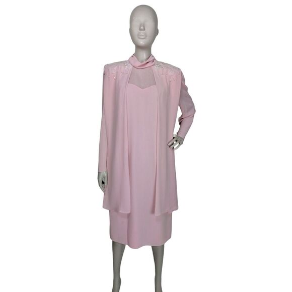 VTG 80s Layered Chiffon Iridescent Pearl Beaded Sequined High Shoulder MOB Dress - Picture 5 of 8